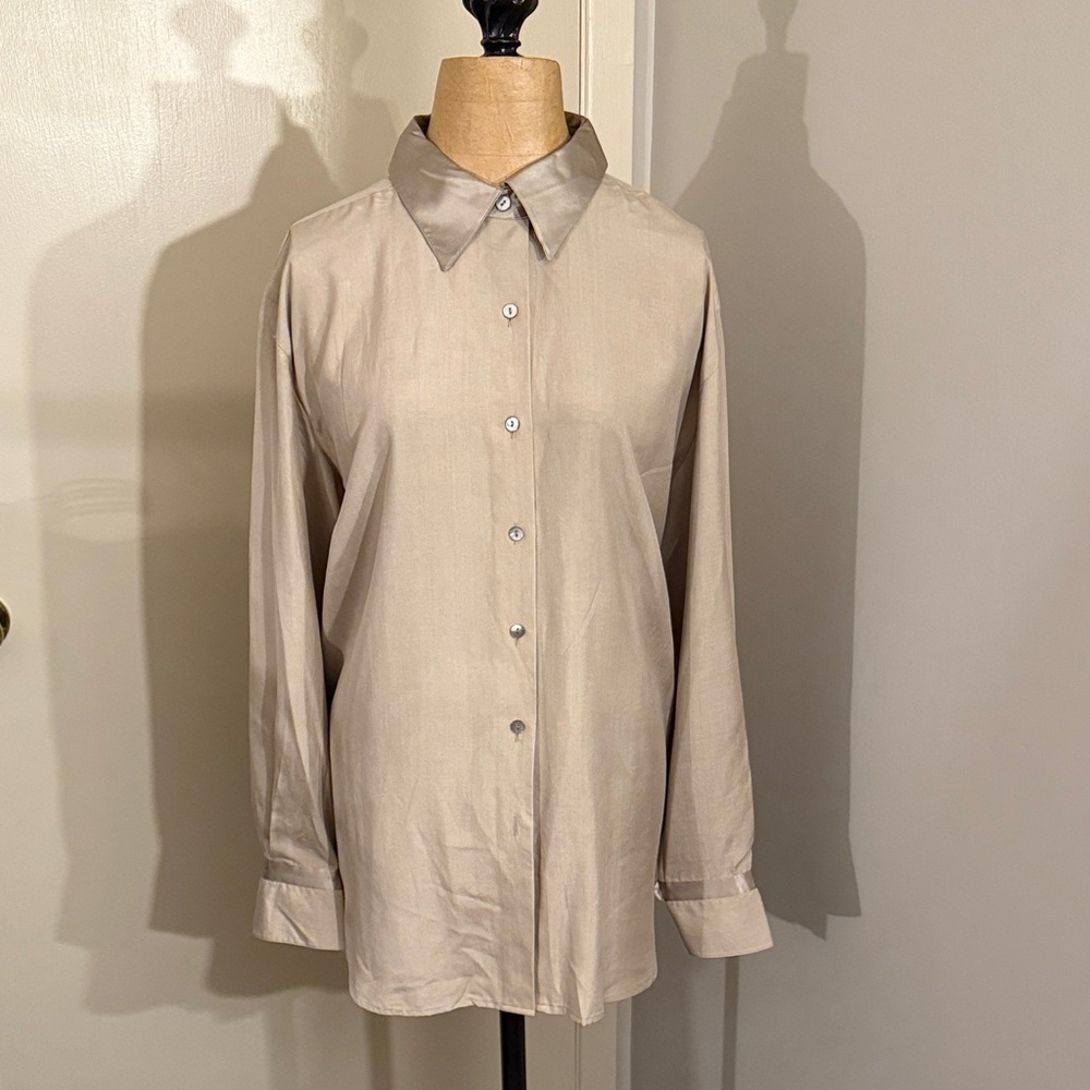 Lord & Taylor Beige Silk Button Down Shirt